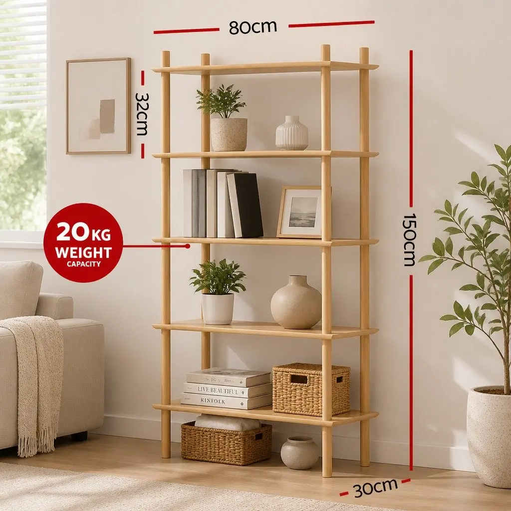 5 Tier Bookshelf Storage Rack Pine Wood Living Room Organiser