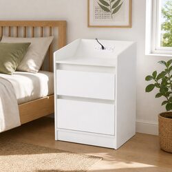 Bedside Table Nightstand with 2 Drawers Charging Station LED Lights White