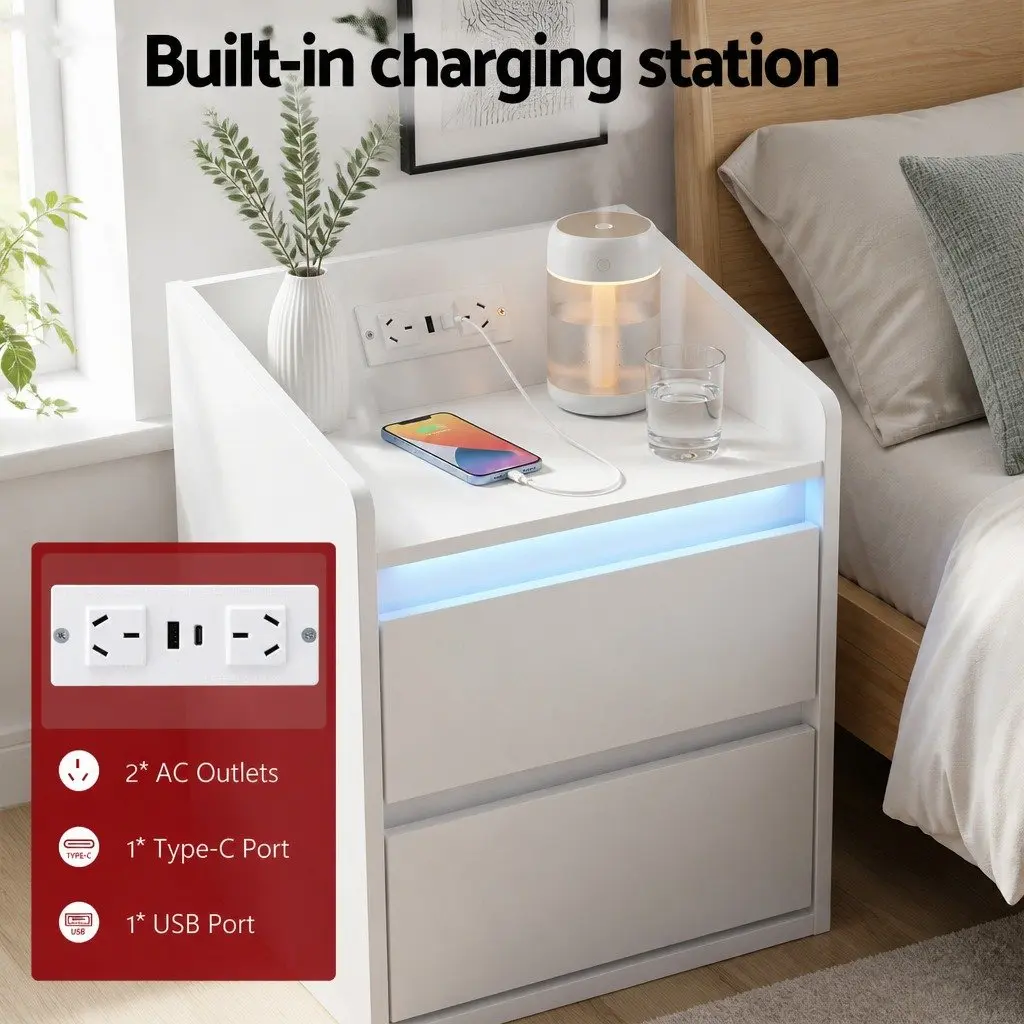 Bedside Table Nightstand with 2 Drawers Charging Station LED Lights White