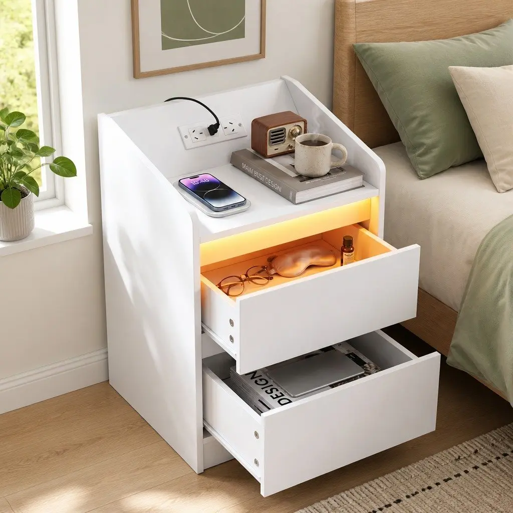 Bedside Table Nightstand with 2 Drawers Charging Station LED Lights White