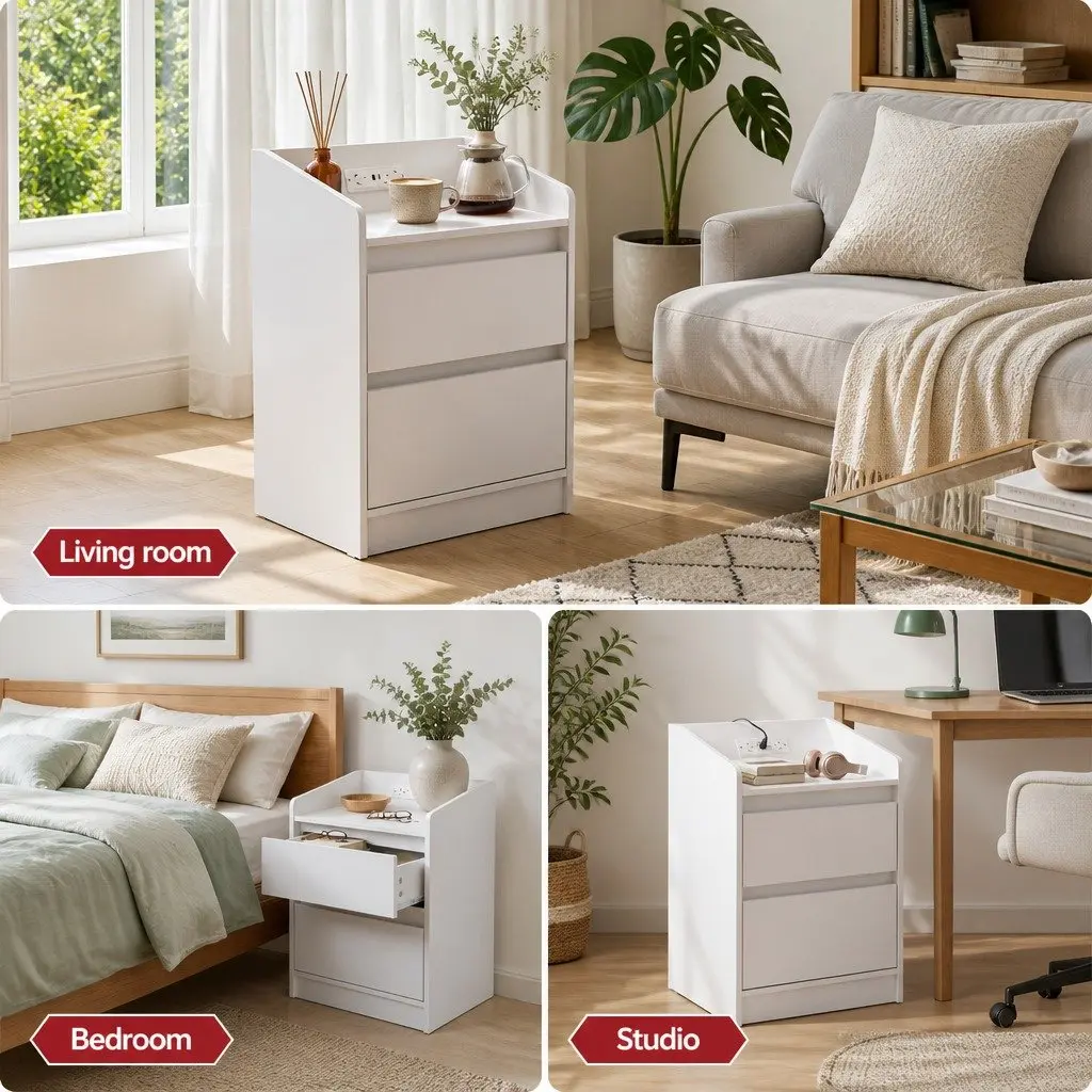Bedside Table Nightstand with 2 Drawers Charging Station LED Lights White