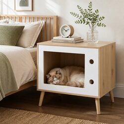 Bedside Table with Cat Nest 60cm Pine Wood MDF Modern Bedroom Furniture