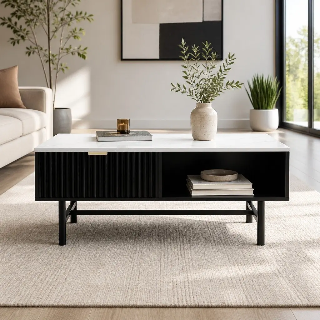 Coffee Table with Drawer Storage Shelf Open Compartments Black White Living Room
