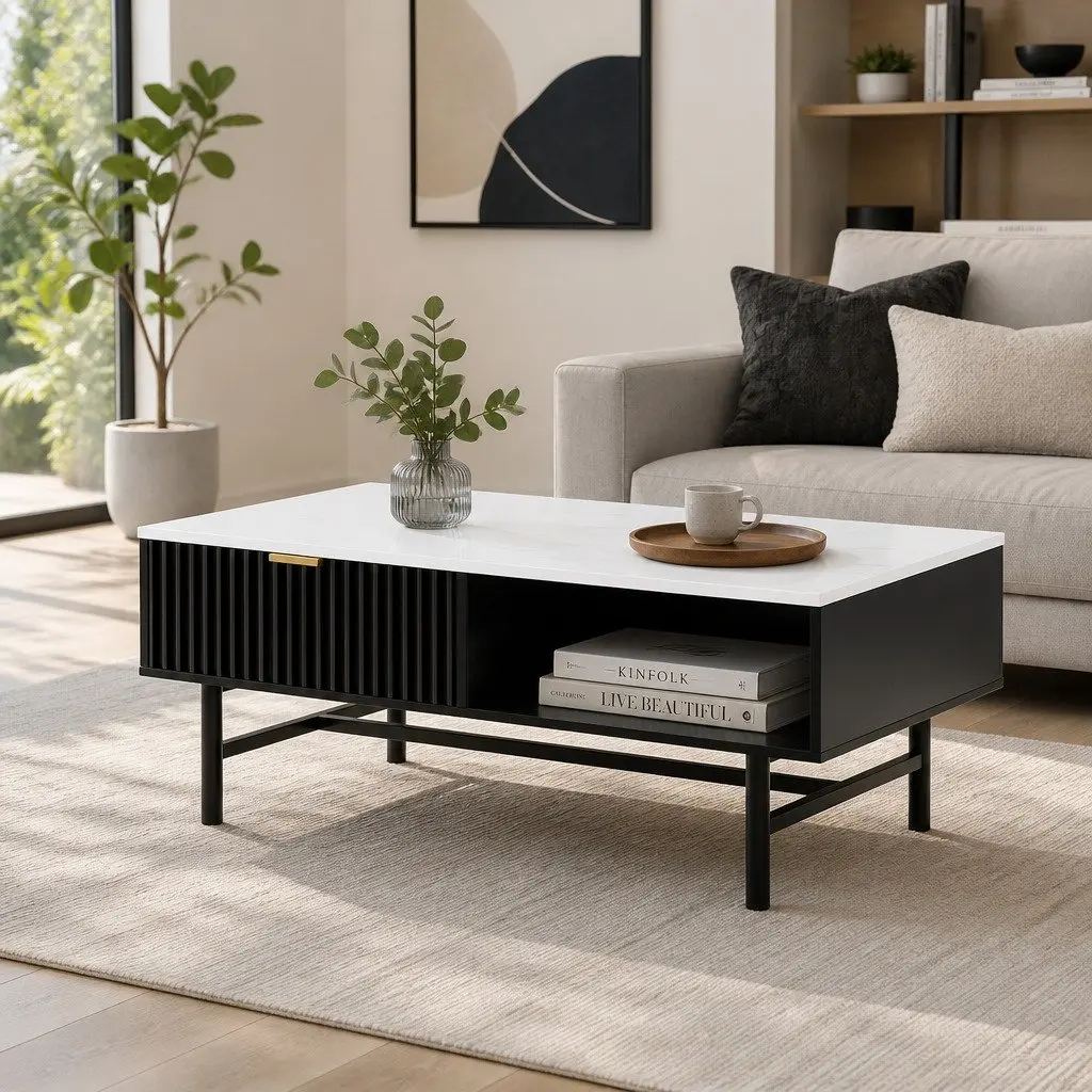 Coffee Table with Drawer Storage Shelf Open Compartments Black White Living Room