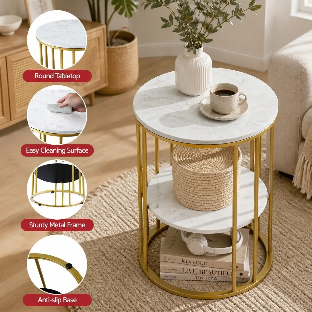 Round Coffee Table 2-Tier Marble Effect White Gold Metal Frame Living Room Storage