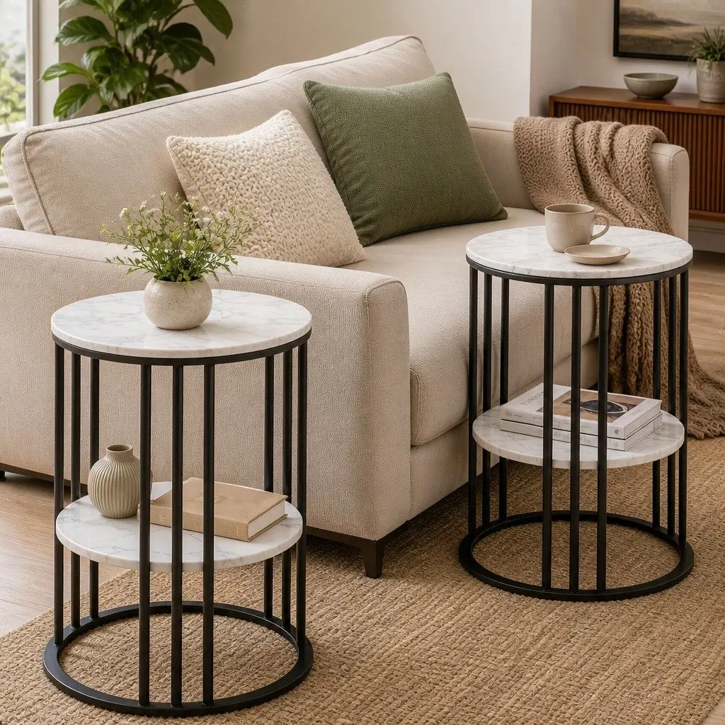 Set of 2 Round Side Tables 2-Tier Coffee Table Marble Effect Beige Living Room