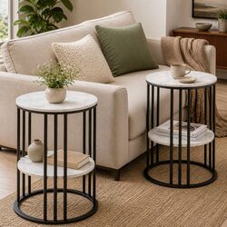 Set of 2 Round Side Tables 2-Tier Coffee Table Marble Effect Beige Living Room