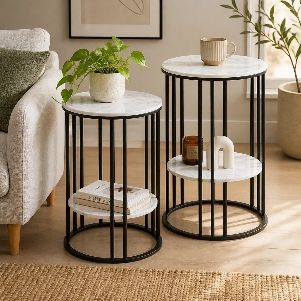 Round Side Tables Set of 2 2-Tier Marble Effect Beige MDF Top Metal Frame