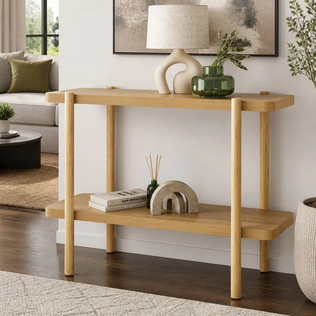 Console Table 2-Tier Display Storage 92CM Oak Wood Grain Finish