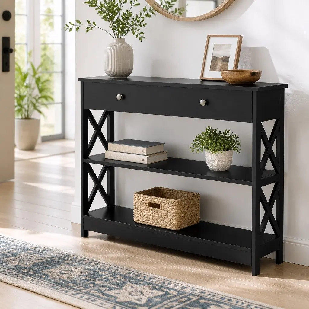 Console Table with USB Outlets 3-Tier Storage Black