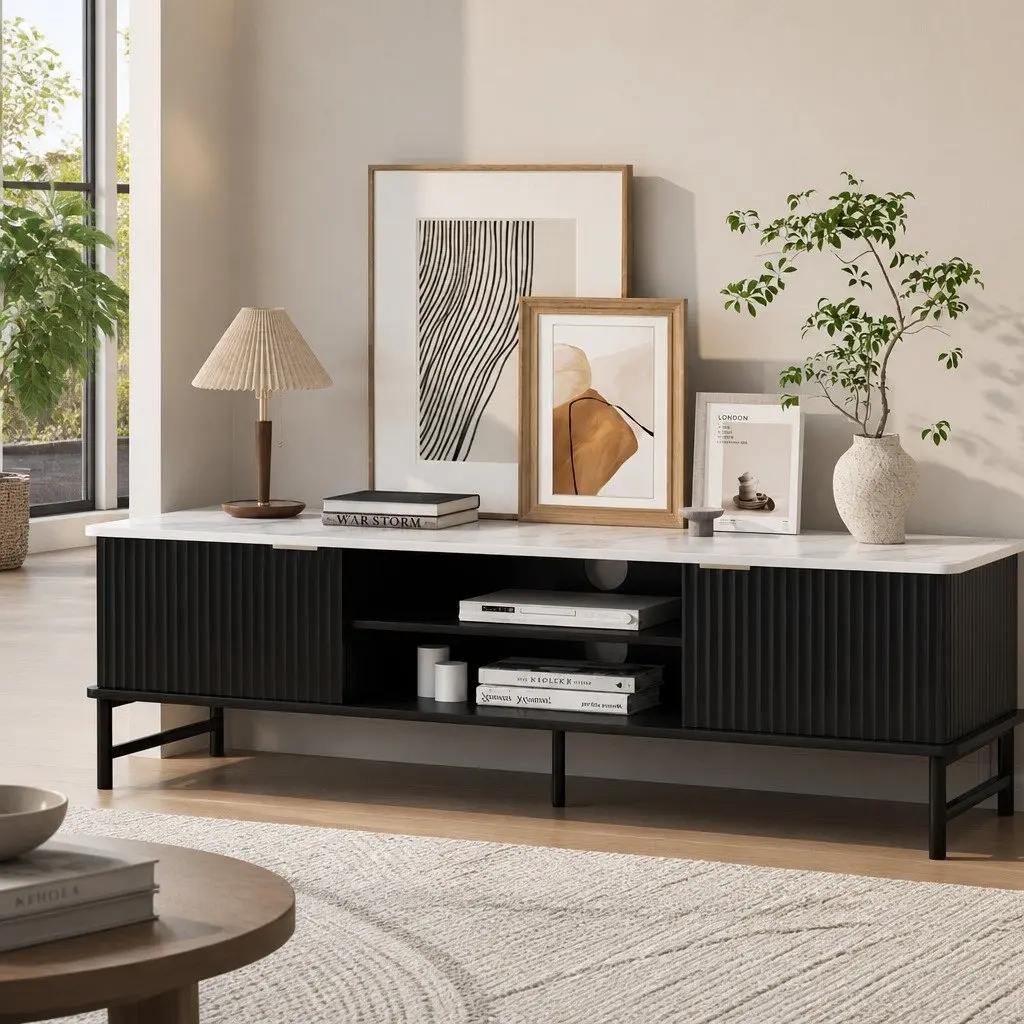 TV Entertainment Unit Cabinet 140cm Marble-Effect Tabletop Storage Stand Shelves