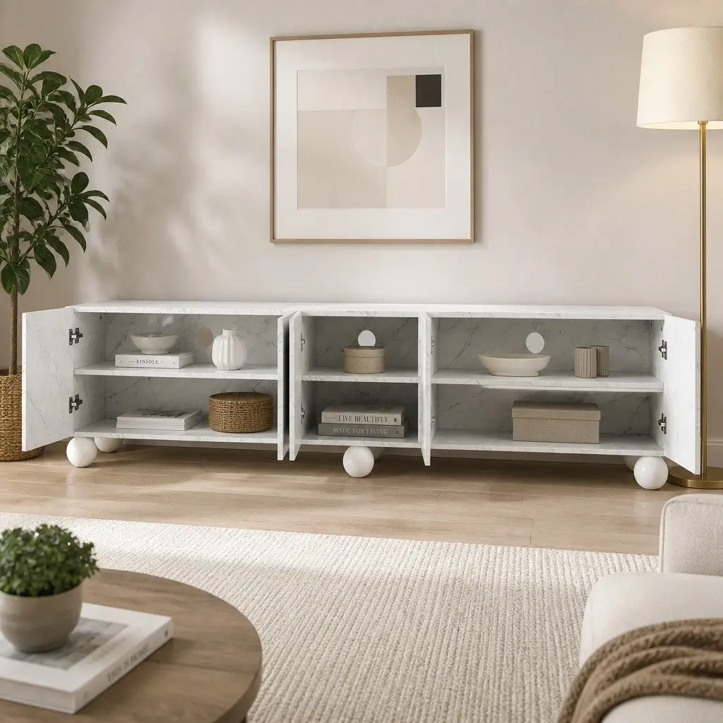 TV Unit Storage Cabinet 200cm White Modern Living Room Furniture