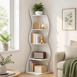 5-Tier S-Shaped Corner Bookshelf Storage Rack Vertical Display Organizer White