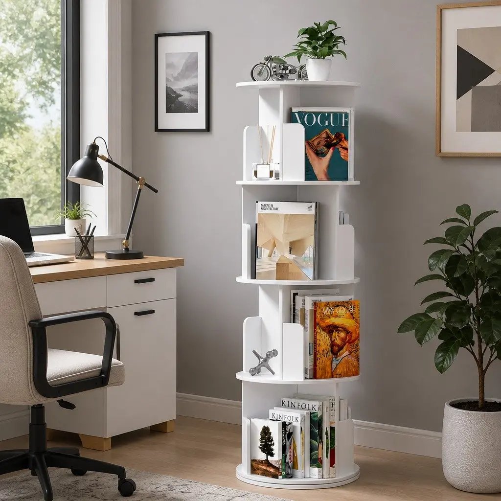 4 Tier Rotating Display Shelf 360 Degree Swivel White Storage Bookcase