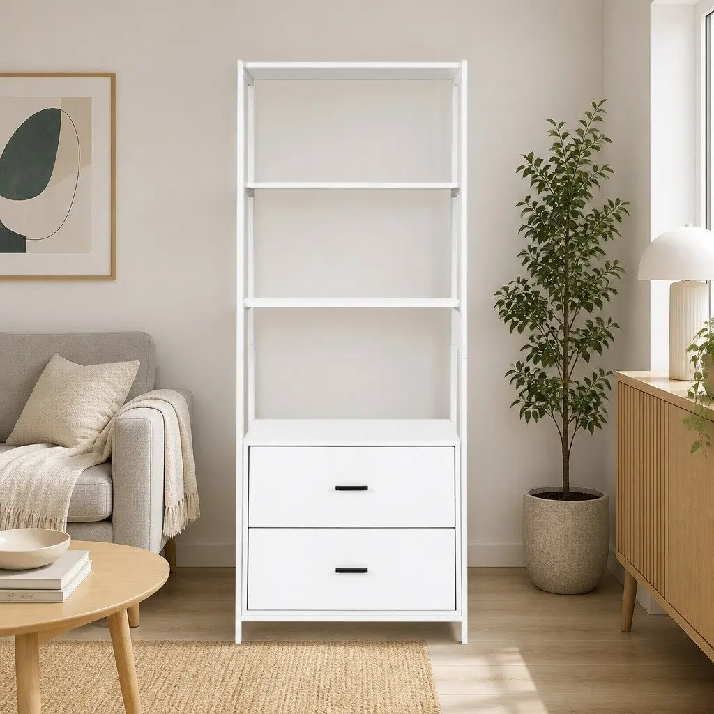 Bookshelf Display Shelf 152CM White 3 Tier with 2 Drawers Storage Bookcase