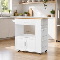 Kitchen Island Trolley Rolling Serving Cart Storage Cabinet Pine Wood