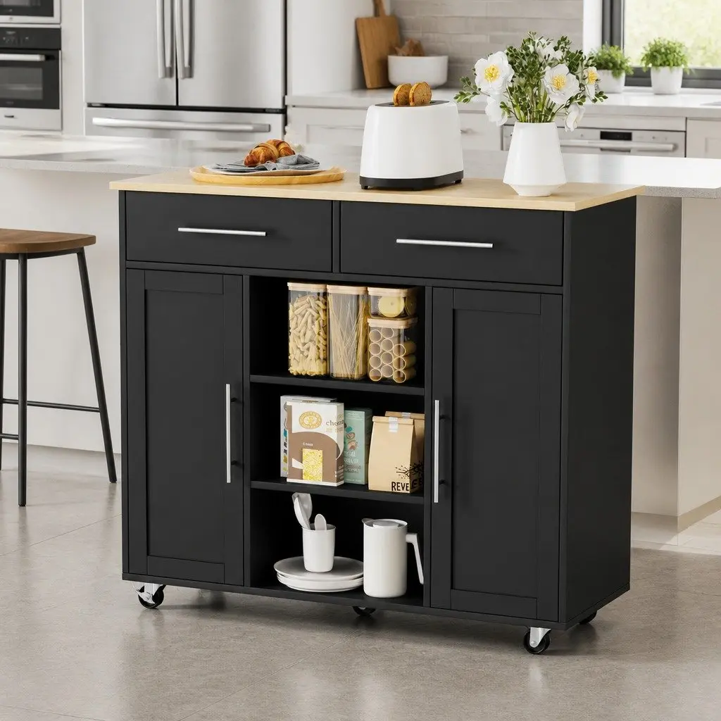 Kitchen Island Trolley Rolling Serving Cart Storage Drawer Cabinet 100cm Black