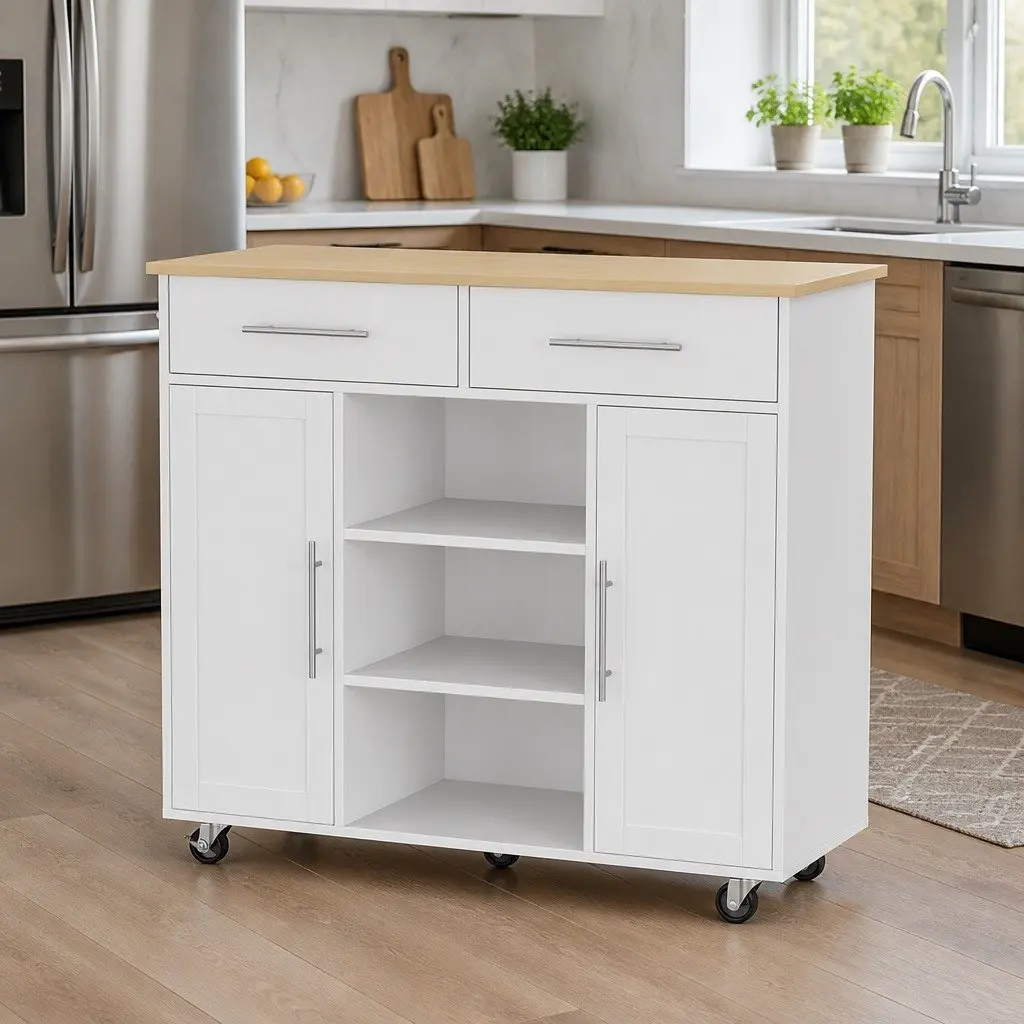 Kitchen Trolley Rolling Serving Cart 100cm White Storage Drawer Cabinet
