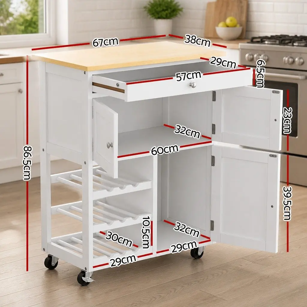 Kitchen Island Trolley Rolling Serving Cart Storage Drawer Cupboard White Oak