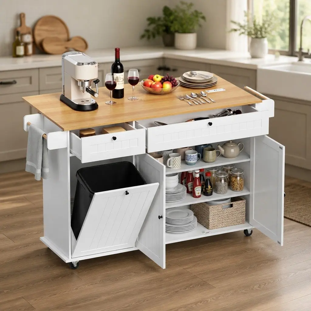 Kitchen Island Trolley Rolling Serving Cart with Storage Drawer and Power Panel 150cm White