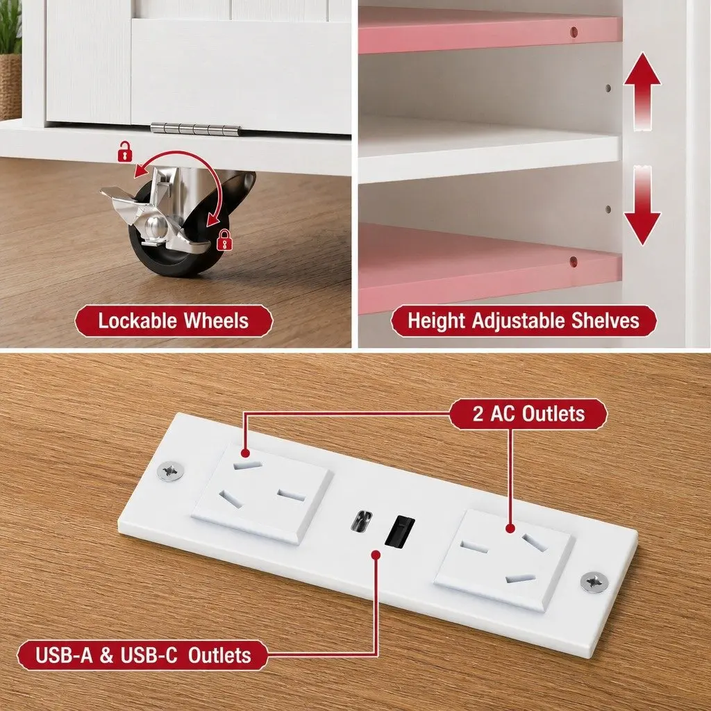Kitchen Island Trolley Rolling Serving Cart with Storage Drawer and Power Panel 150cm White