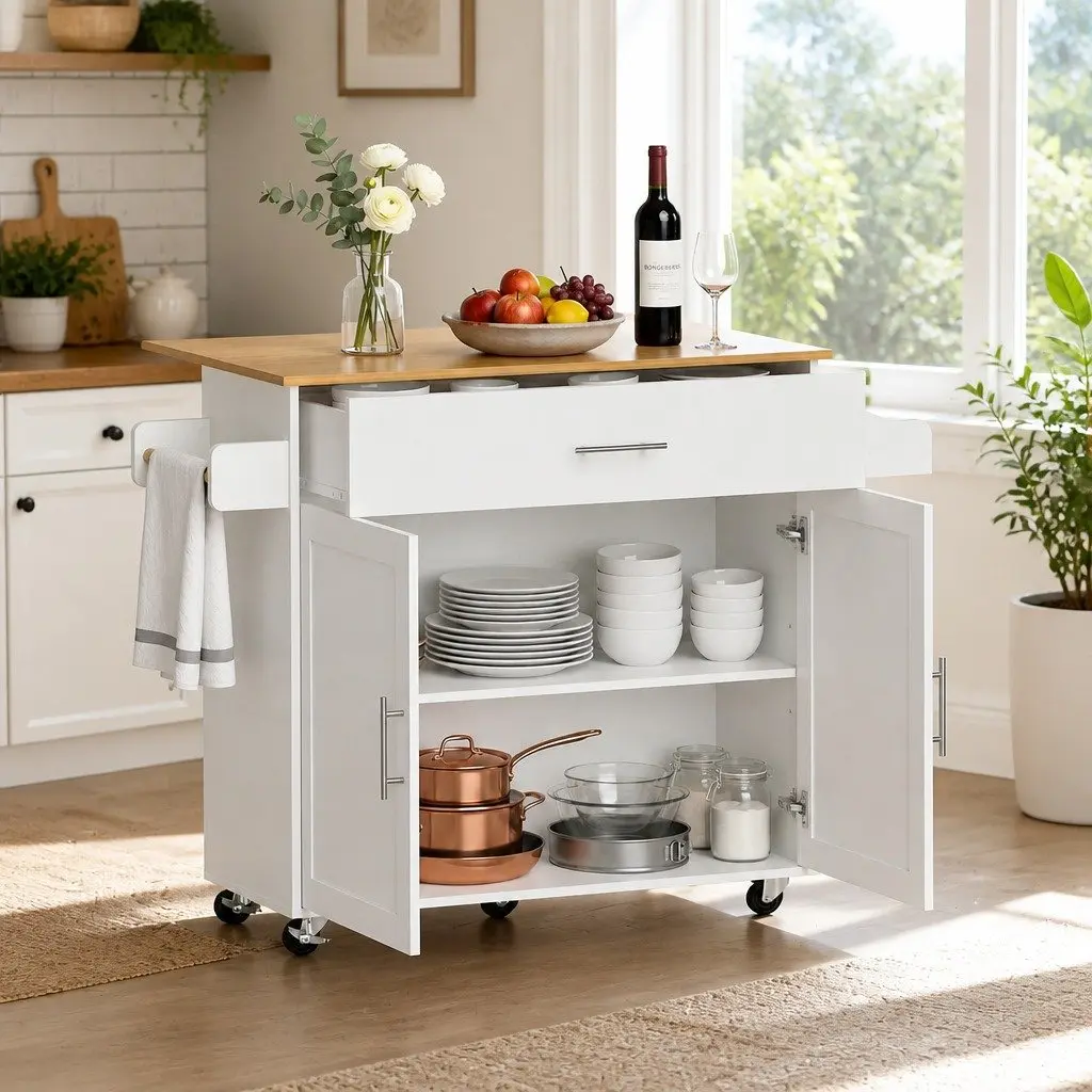 Kitchen Island Trolley Rolling Serving Cart Storage Cabinet Foldable Drop Leaf