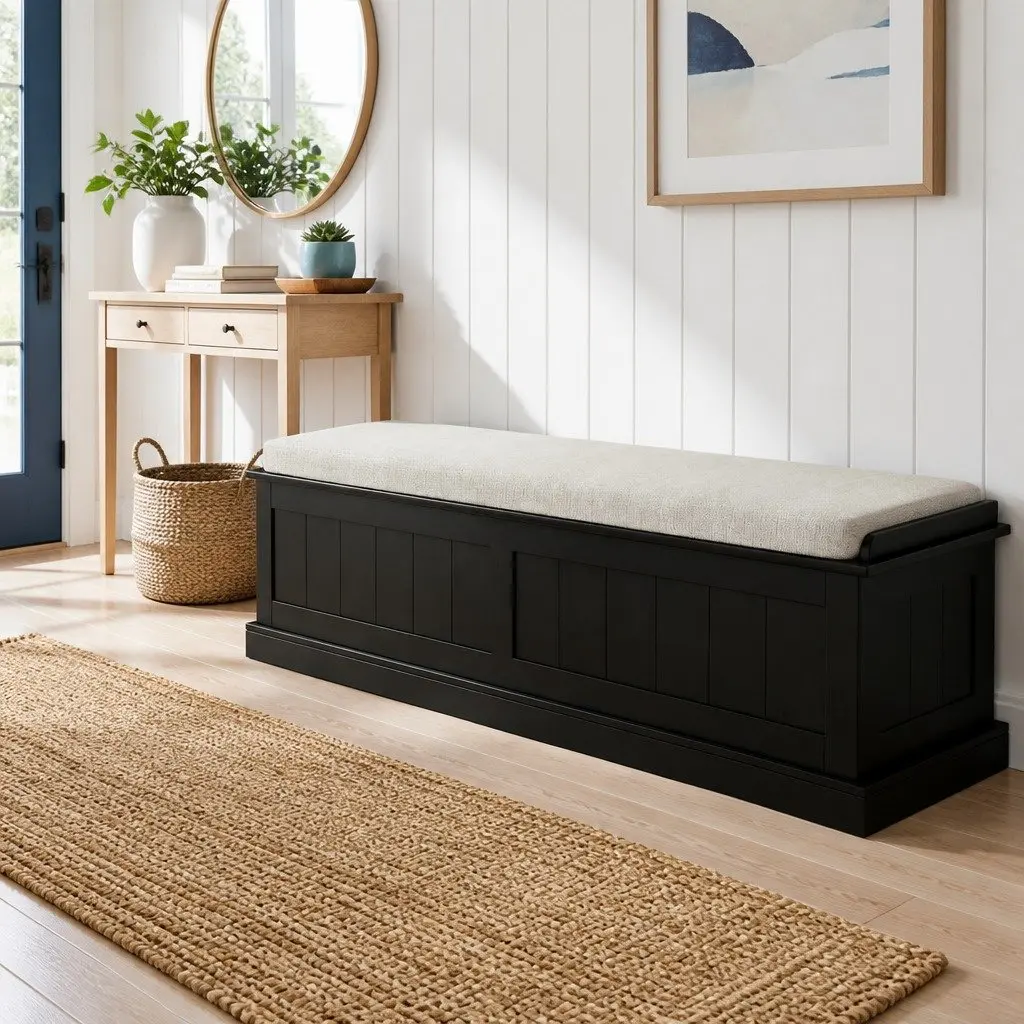 Storage Ottoman Blanket Box 140cm Fluted Black Hinged Lid Seat Footstool