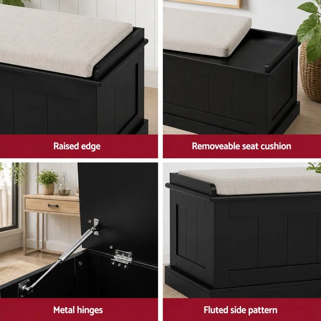 Storage Ottoman Blanket Box 140cm Fluted Black Hinged Lid Seat Footstool