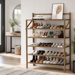 Shoe Rack 6-Tier Foldable Storage Organizer 18 Pairs Bamboo Frame Oak
