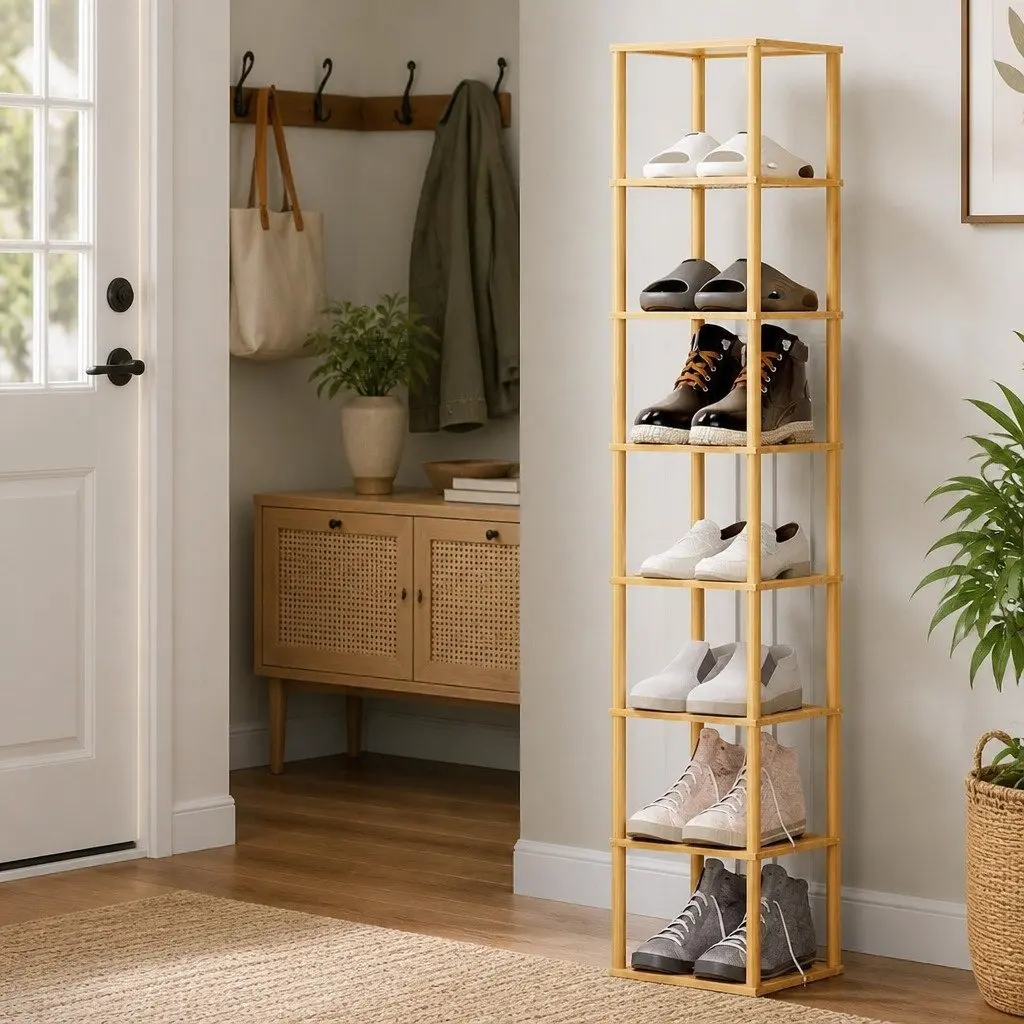 8-Tier Shoe Rack Stackable Storage Organizer Pine Wood Frame Home Shelving