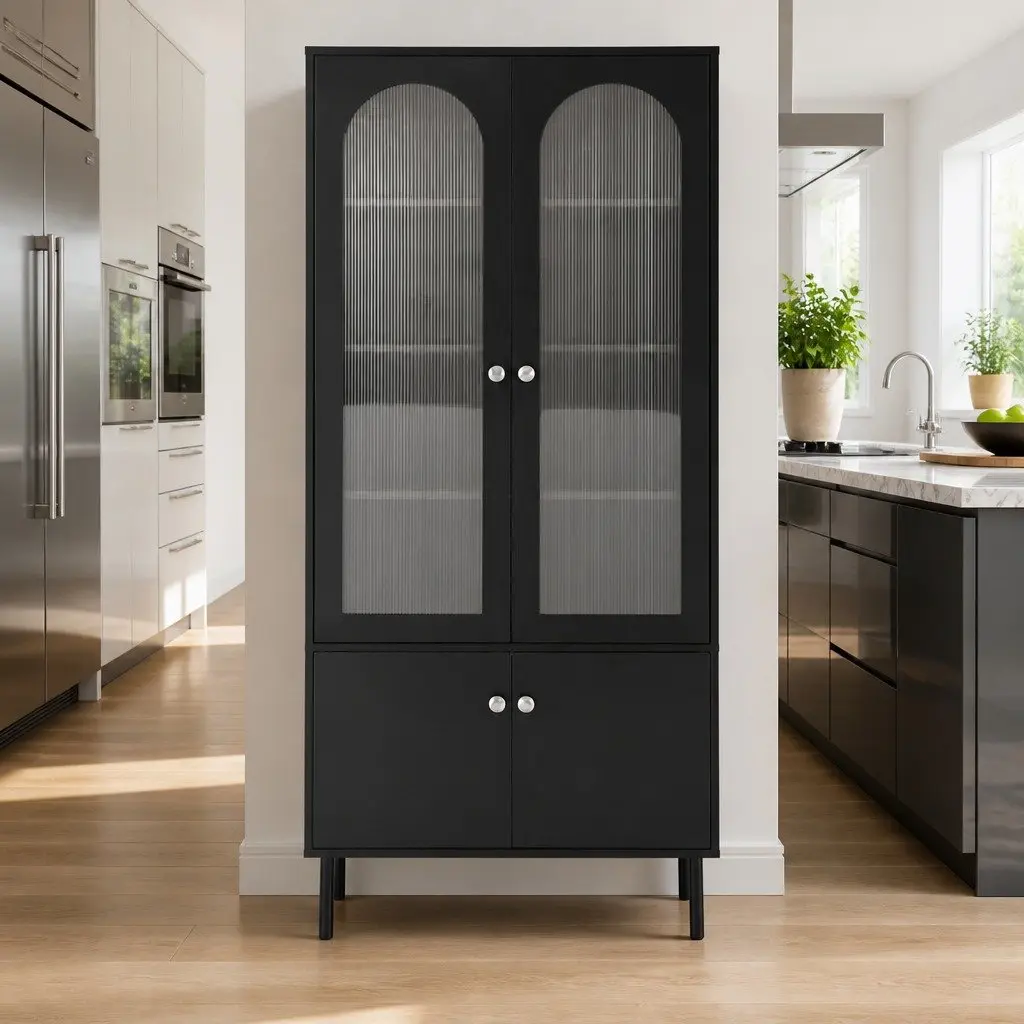 Buffet Sideboard Storage 5-Tier Black Cabinet with Fluted Door Panels and Drawers