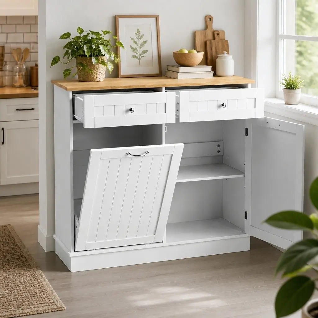 White Buffet Sideboard Cabinet Tilt Out Bin Holder Kitchen Storage Cupboard