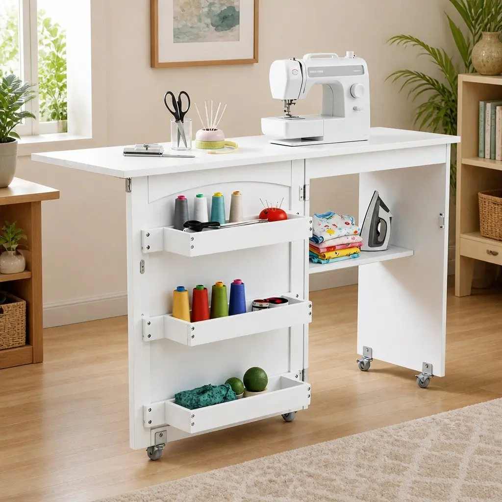 Folding Sewing Table Rolling Craft Work Station Storage Bins Wheels White
