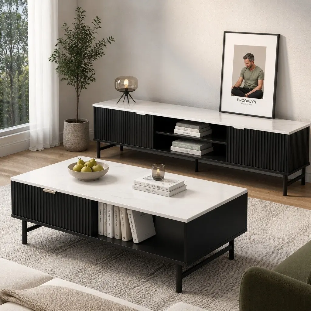 TV Entertainment Unit and Coffee Table Set Storage Shelf Living Room Furniture