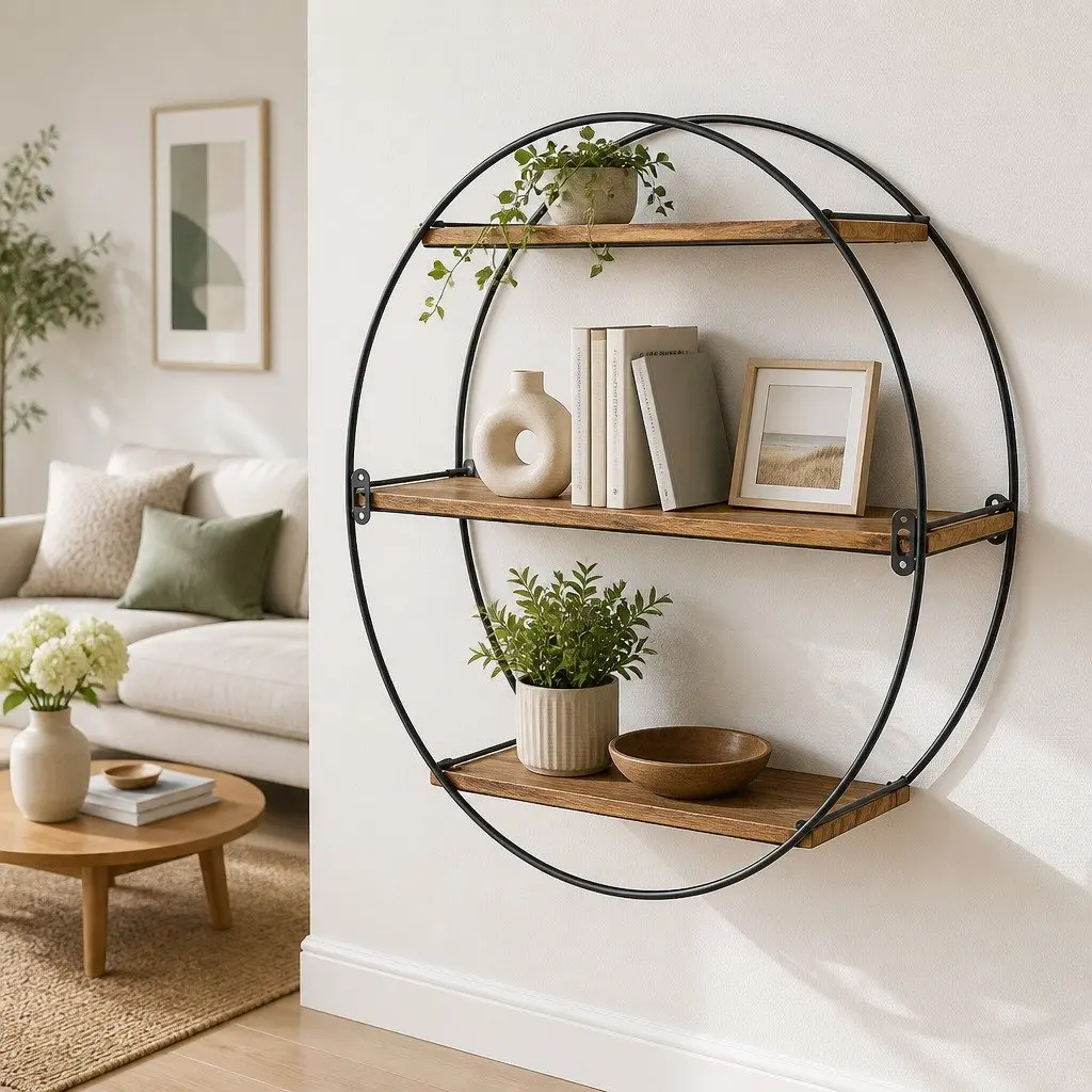 Floating Wall Shelf Round 3-Tier Corner Storage Shelves Easy Install Rust Oak