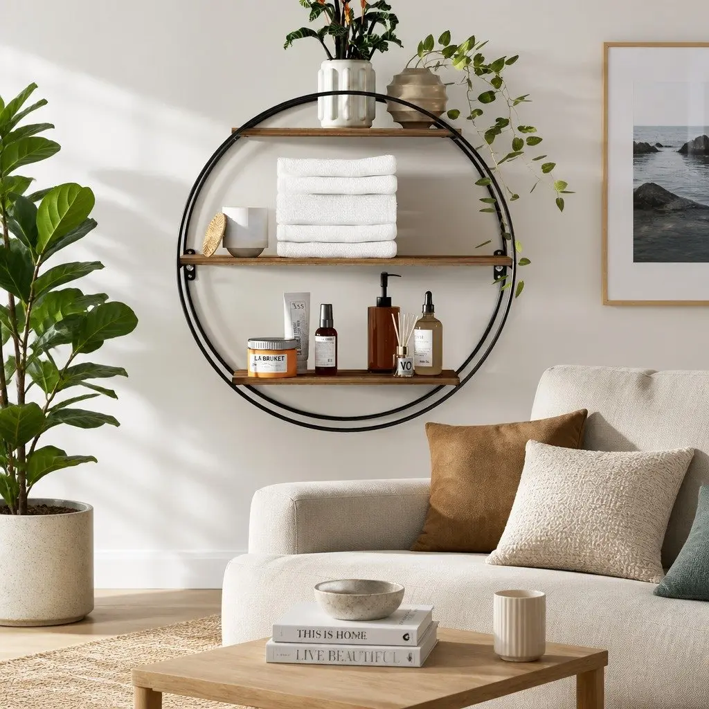 Floating Wall Shelf 3-Tier Round Corner Storage Easy Install Rust Oak