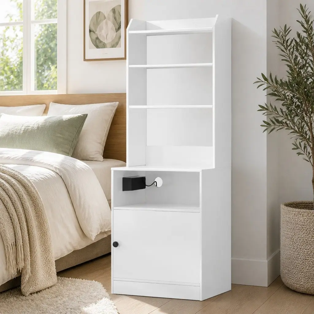 Bedside Table Nightstand with Charging Station White Bedroom Storage Furniture