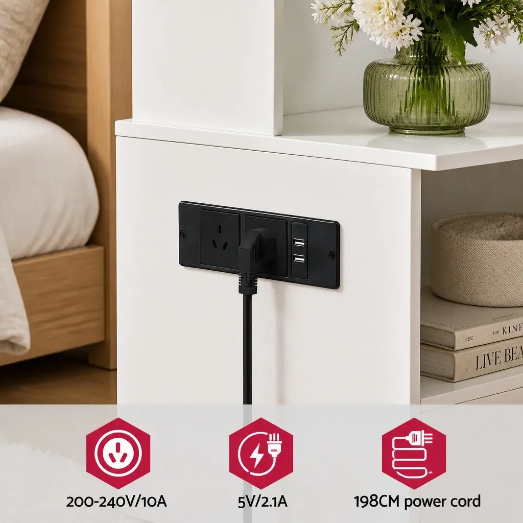 Bedside Table Nightstand with Charging Station White Bedroom Storage Furniture