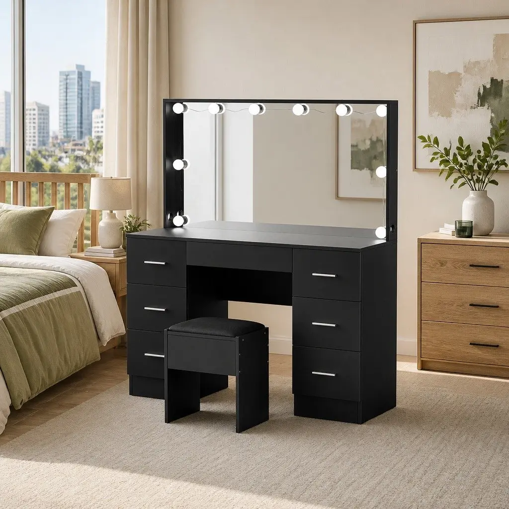 Dressing Table Vanity Desk Set LED Mirror 10 Bulbs 7 Drawers Black