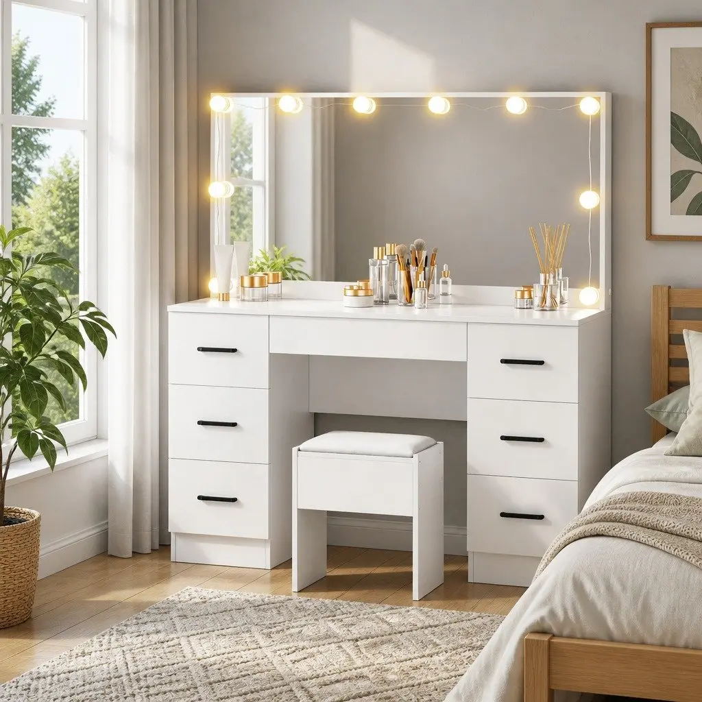 Dressing Table Set with 10 LED Bulbs Hollywood Mirror and Stool White