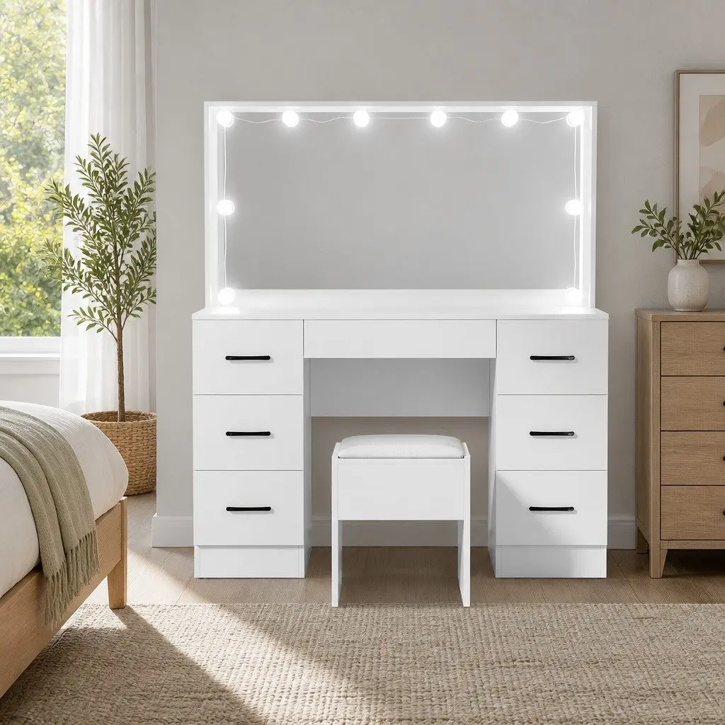 Dressing Table Set with 10 LED Bulbs Hollywood Mirror and Stool White