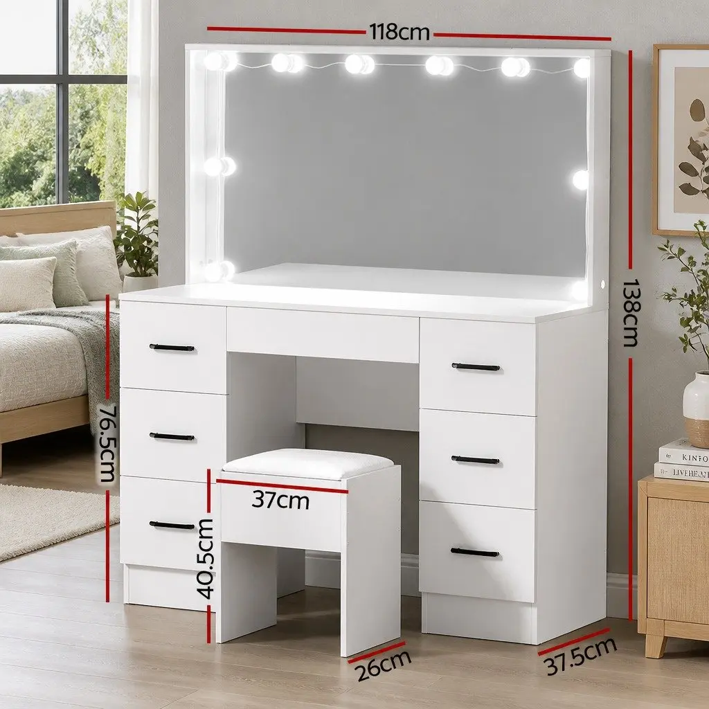 Dressing Table Set with 10 LED Bulbs Hollywood Mirror and Stool White