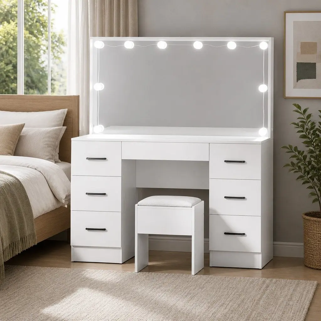 Dressing Table Set with 10 LED Bulbs Hollywood Mirror and Stool White