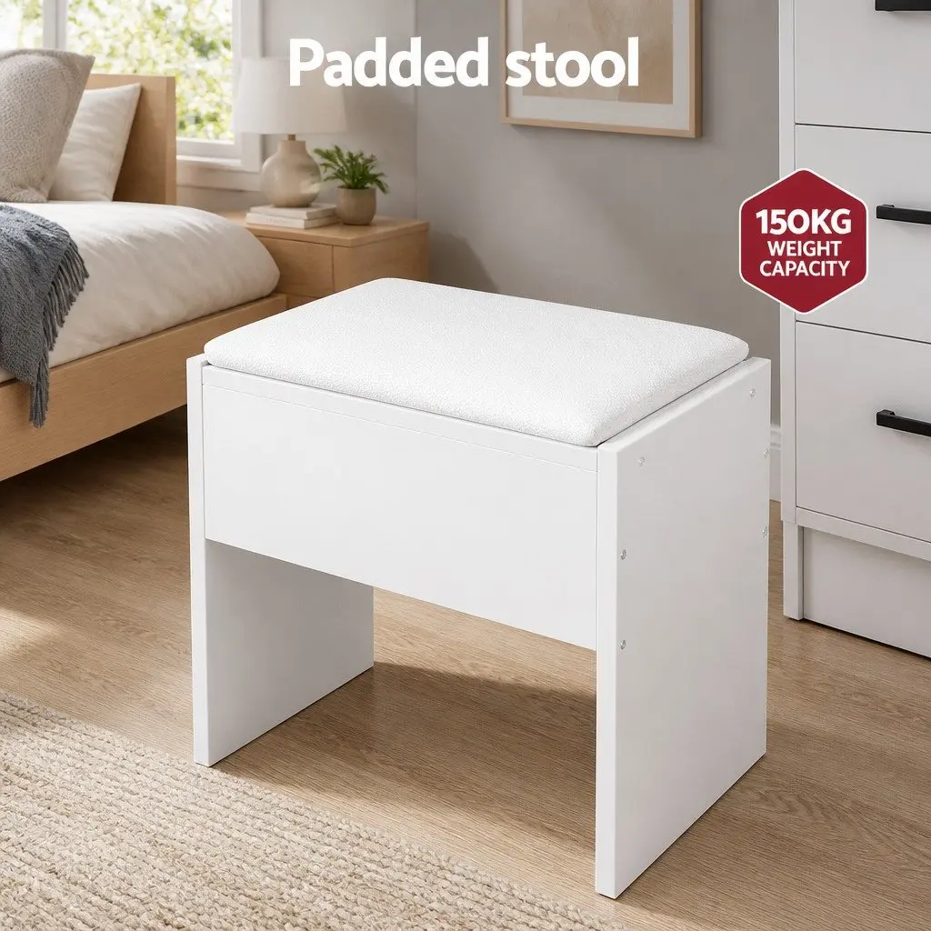 Dressing Table Set with 10 LED Bulbs Hollywood Mirror and Stool White