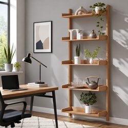 Floating Bookshelf 5-Tier Open Foldable Display Shelf Oak Wood Living Room