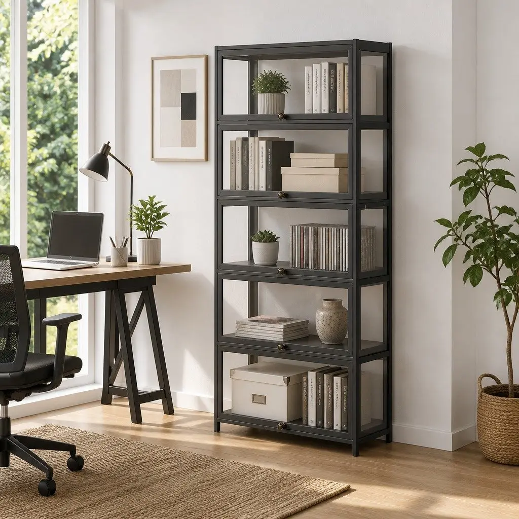 5-Tier Display Cabinet Storage Bookshelf Acrylic Panel Black Shelving Unit