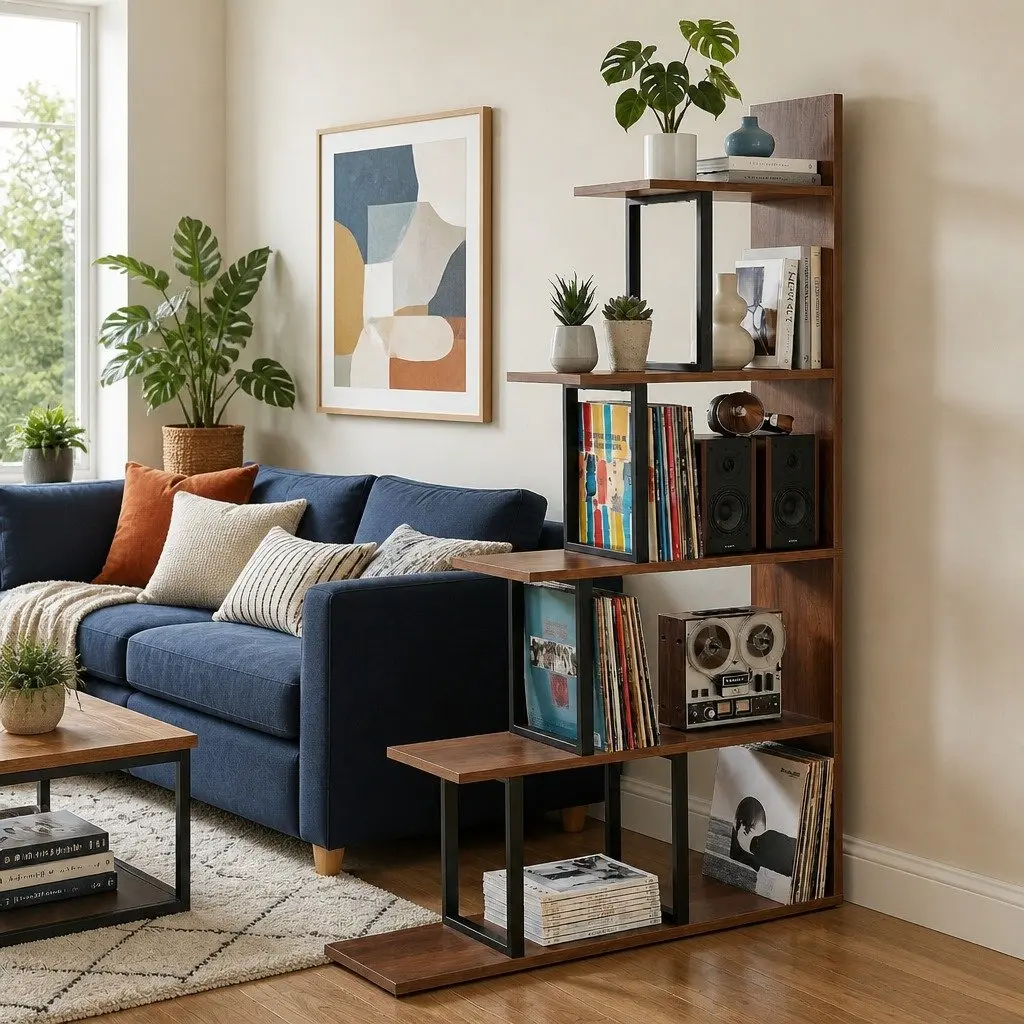 5 Tier Ladder Bookshelf L-Shaped Storage Display Unit Walnut