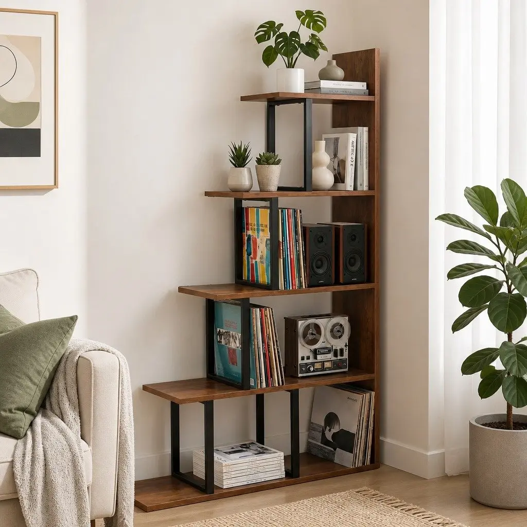 5 Tier Ladder Bookshelf L-Shaped Storage Display Unit Walnut
