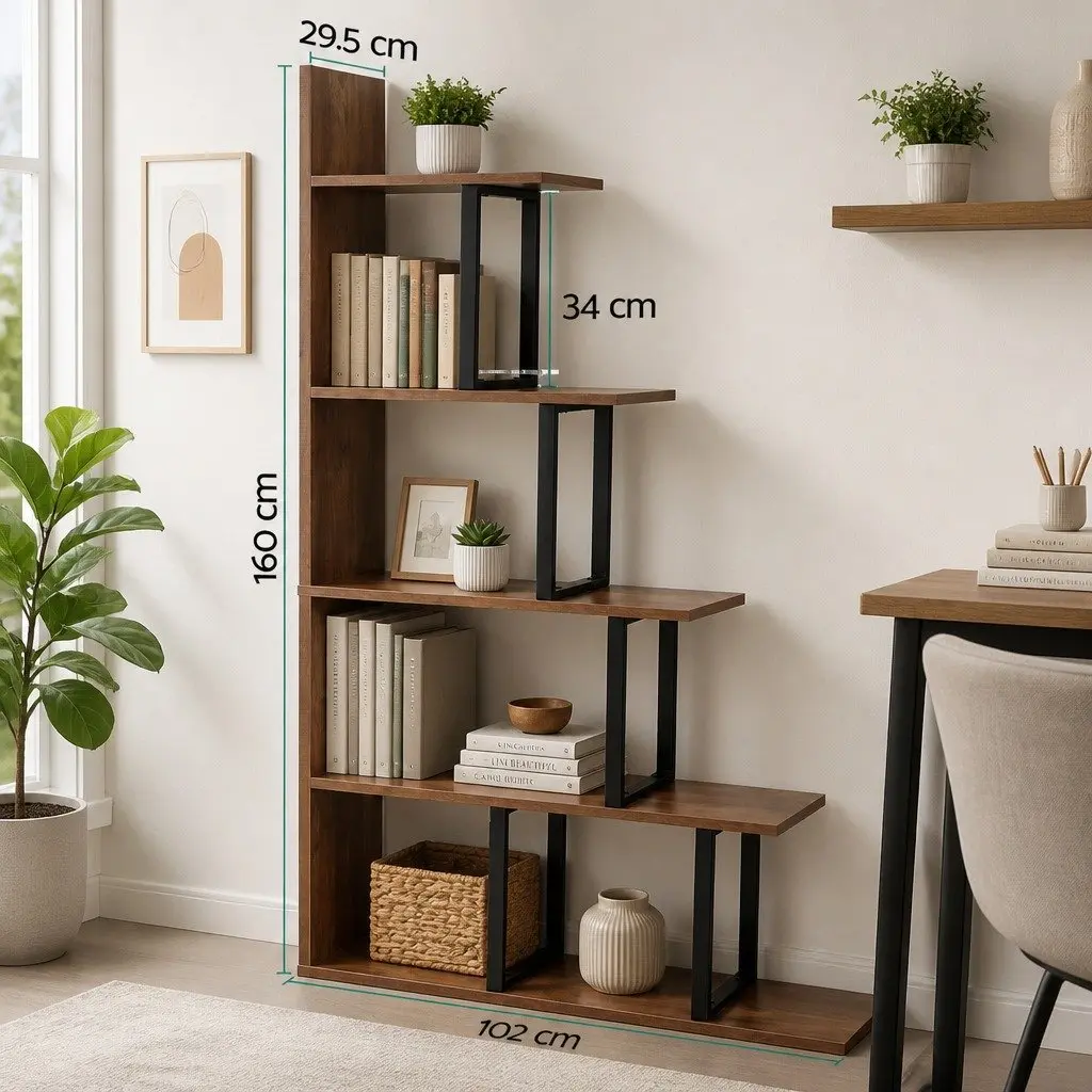 5 Tier Ladder Bookshelf L-Shaped Storage Display Unit Walnut