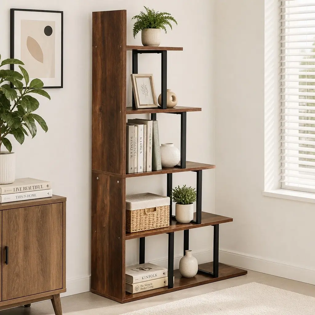 5 Tier Ladder Bookshelf L-Shaped Storage Display Unit Walnut